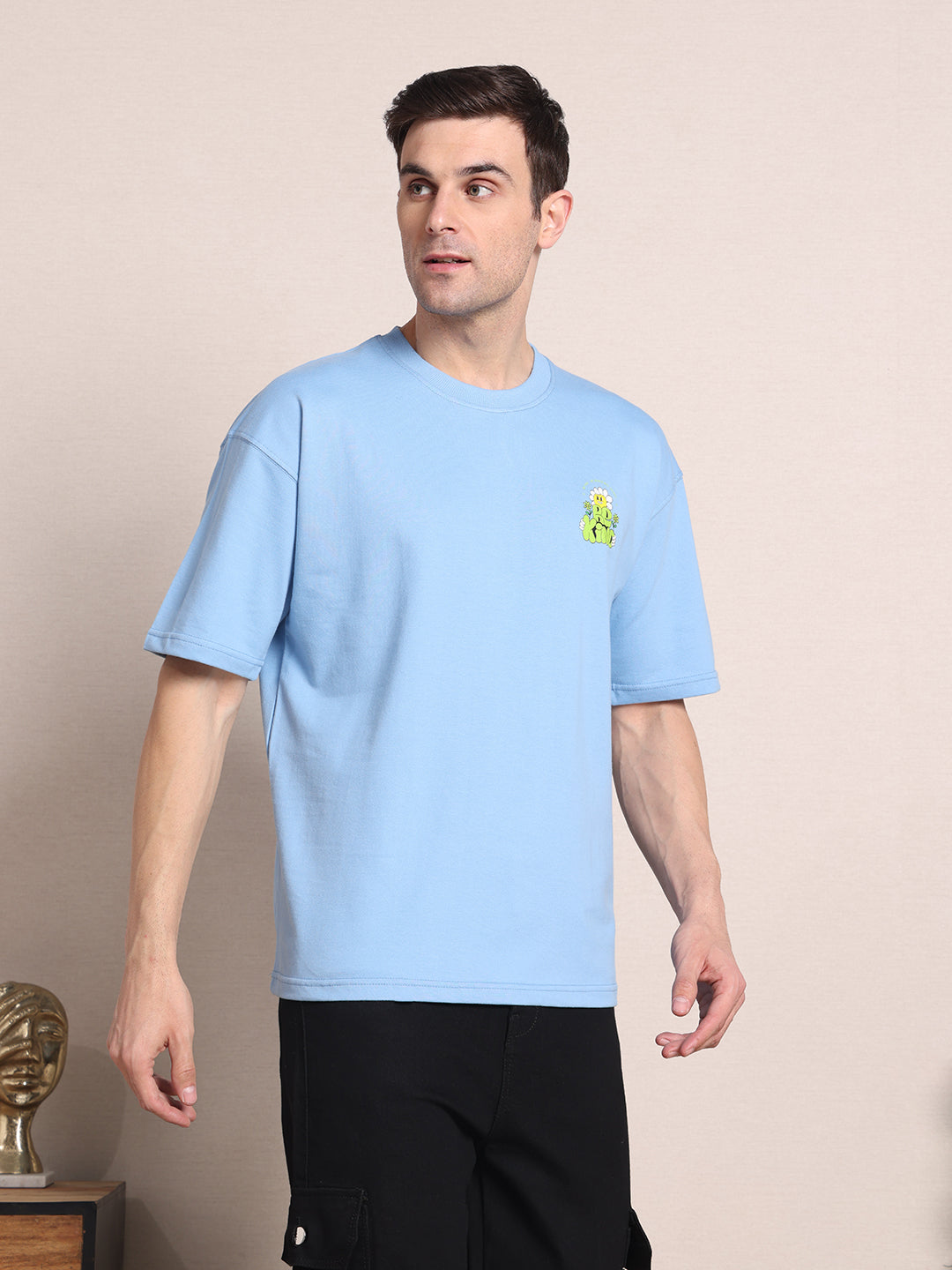 Clevion Men's Oversized French Terry Cotton T-Shirt – Sky Blue | Be Kind Print