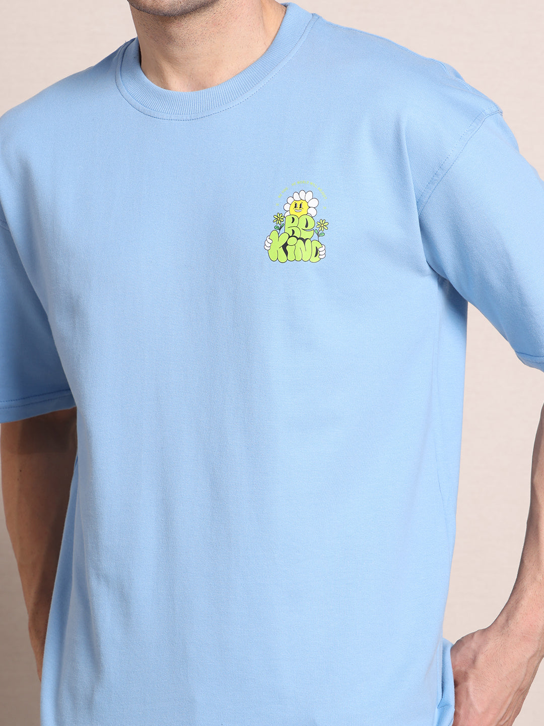 Clevion Men's Oversized French Terry Cotton T-Shirt – Sky Blue | Be Kind Print