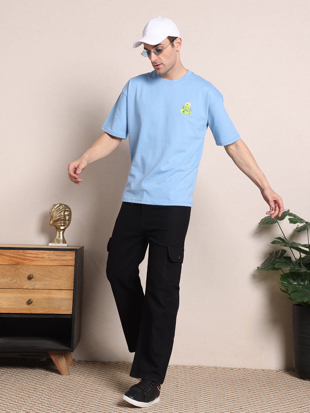 Clevion Men's Oversized French Terry Cotton T-Shirt – Sky Blue | Be Kind Print