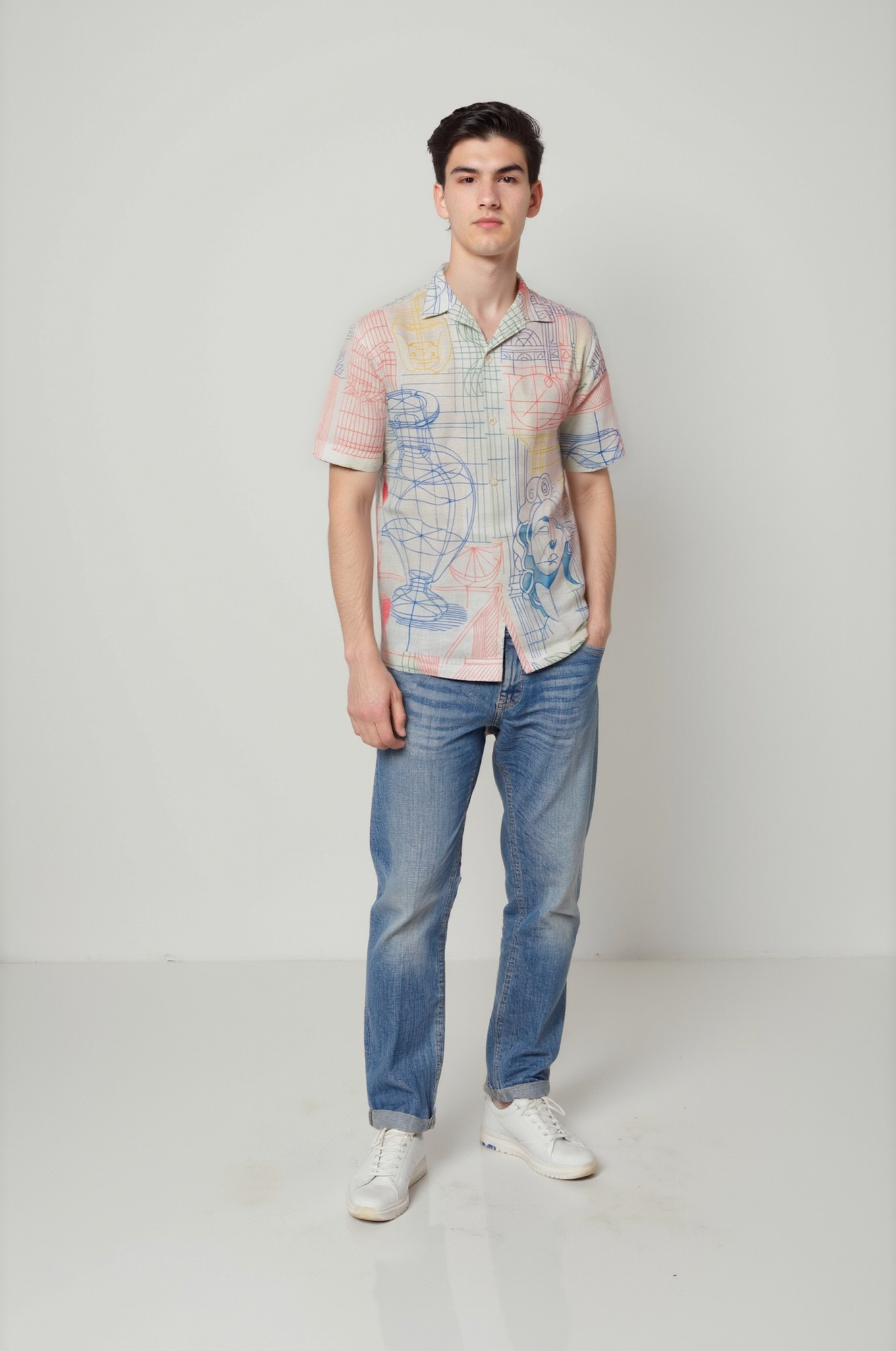 Men’s Cuban Collar Blue Graphic Print Shirt