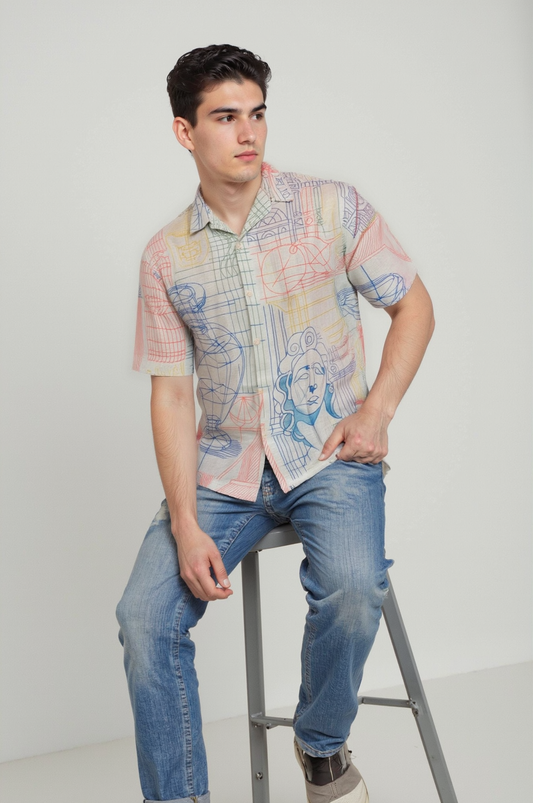 Men’s Cuban Collar Blue Graphic Print Shirt