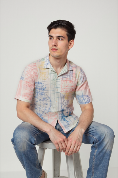 Men’s Cuban Collar Blue Graphic Print Shirt