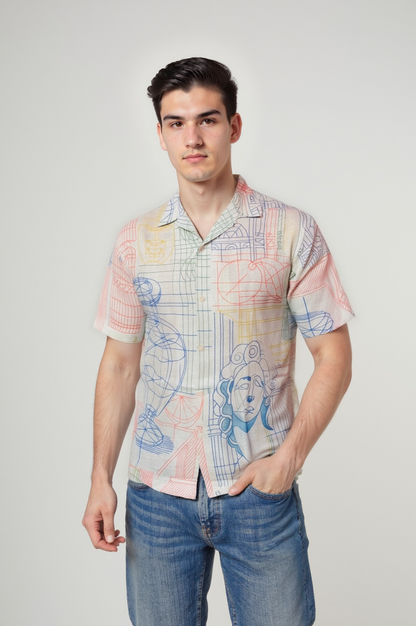 Men’s Cuban Collar Blue Graphic Print Shirt