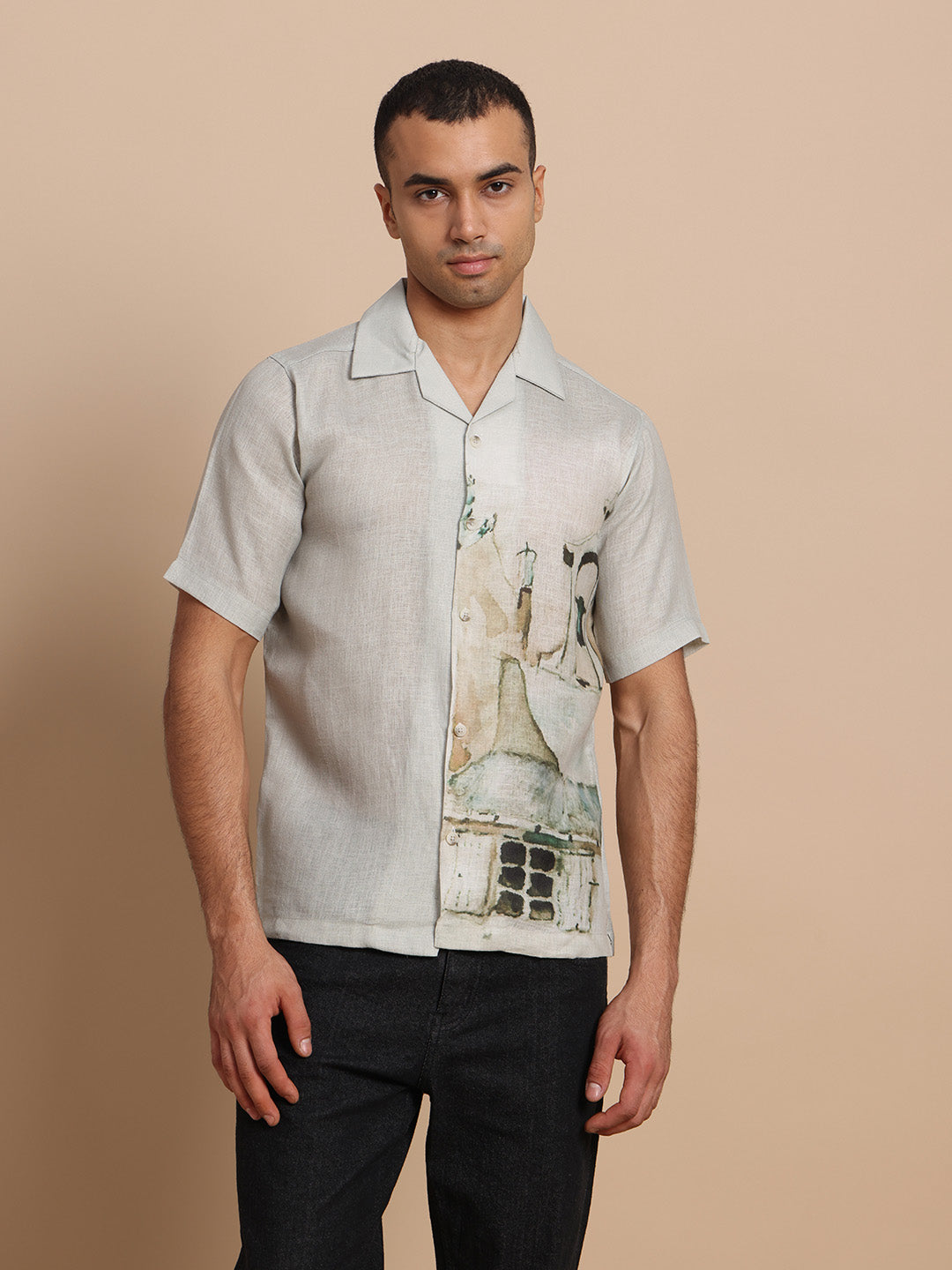 Men’s Cuban Collar Black Grey Print Shirt