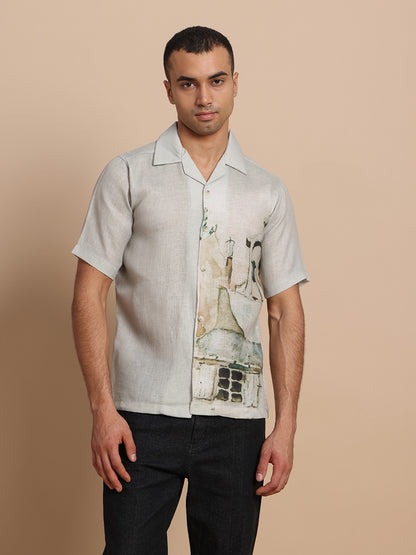 Men’s Cuban Collar Black Grey Print Shirt