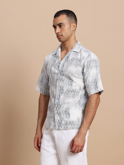 Men’s Cuban Collar White Threads Shirt