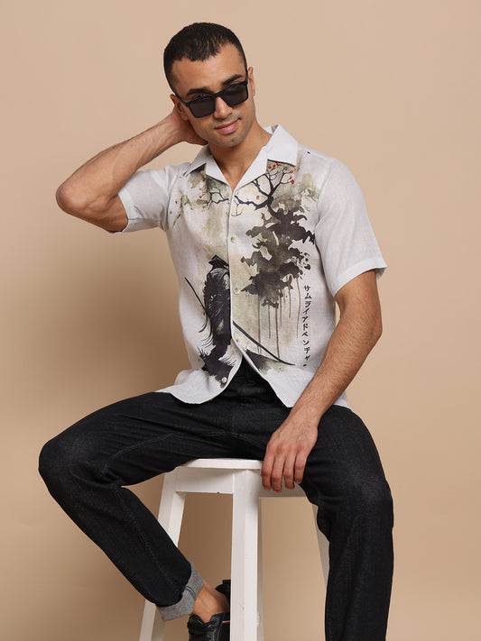 Cuban Collar Shirts Grey Forest print
