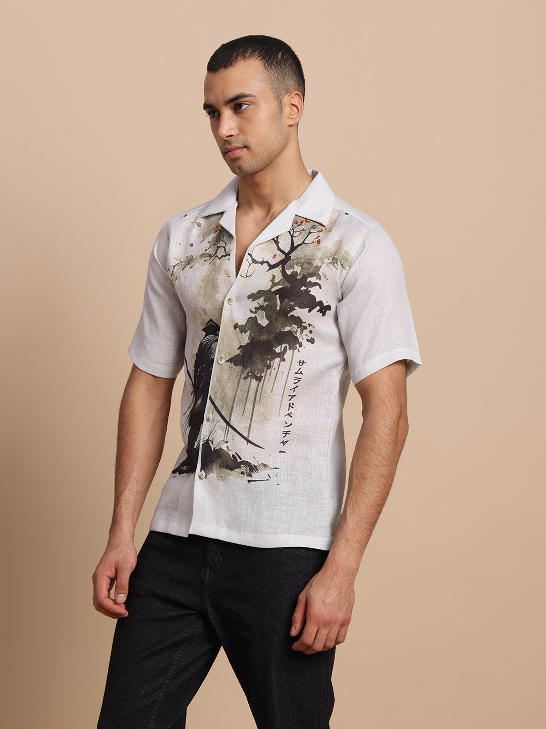 Cuban Collar Shirts Grey Forest print