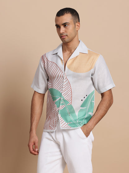 Men’s Cuban Collar Yellow and Green Print Shirt