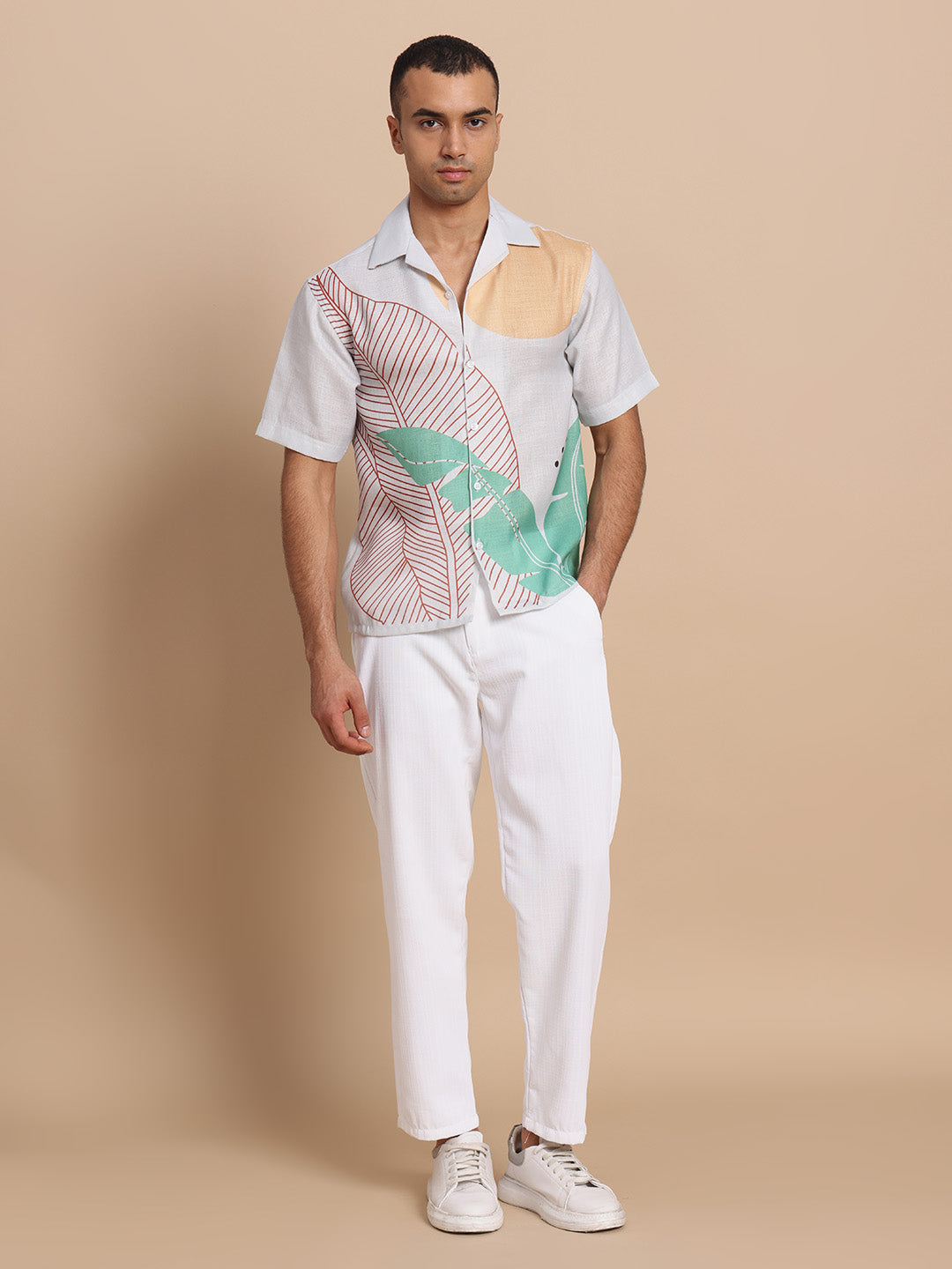 Men’s Cuban Collar Yellow and Green Print Shirt
