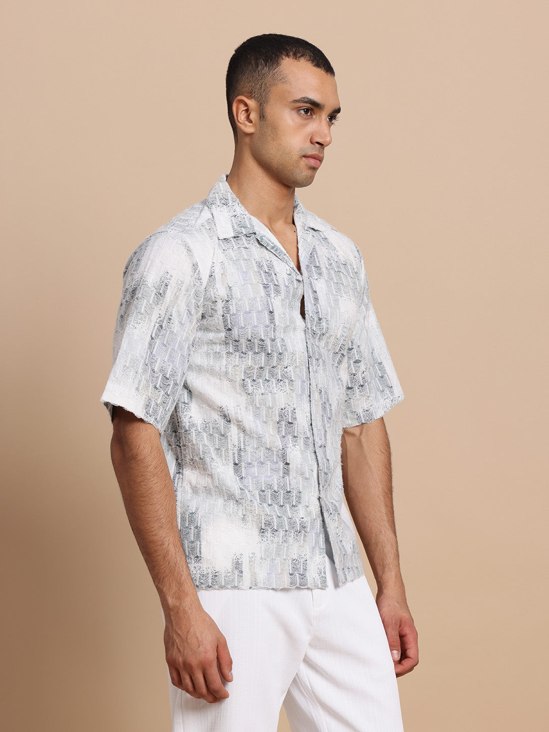 Men’s Cuban Collar White Threads Shirt
