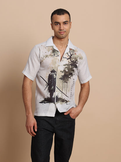 Cuban Collar Shirts Grey Forest print