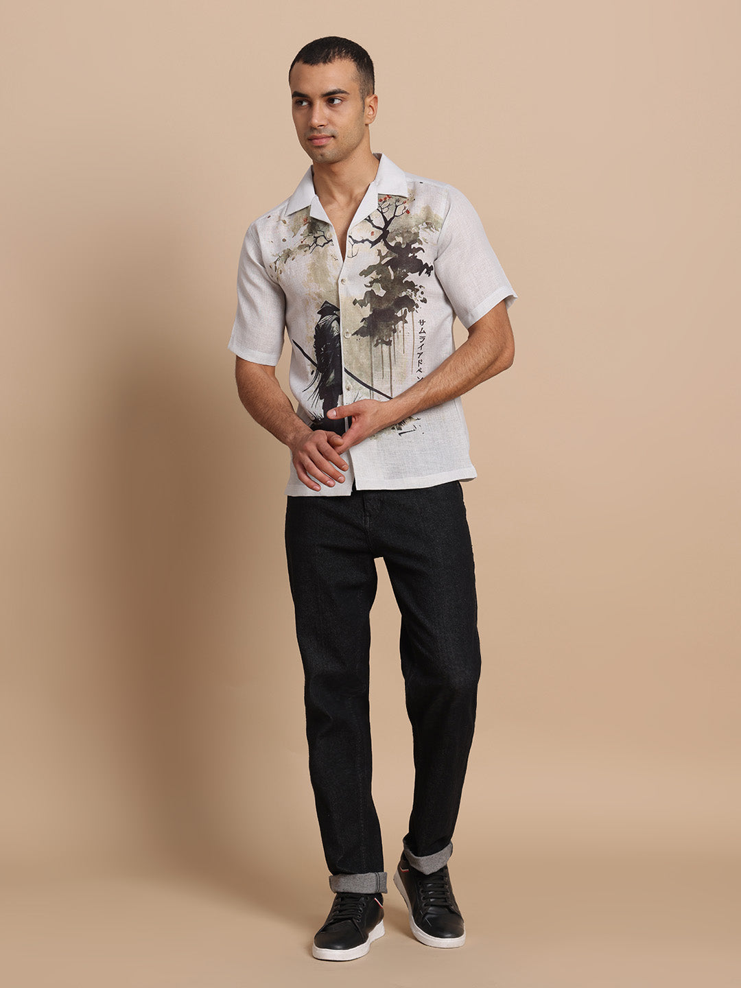 Cuban Collar Shirts Grey Forest print