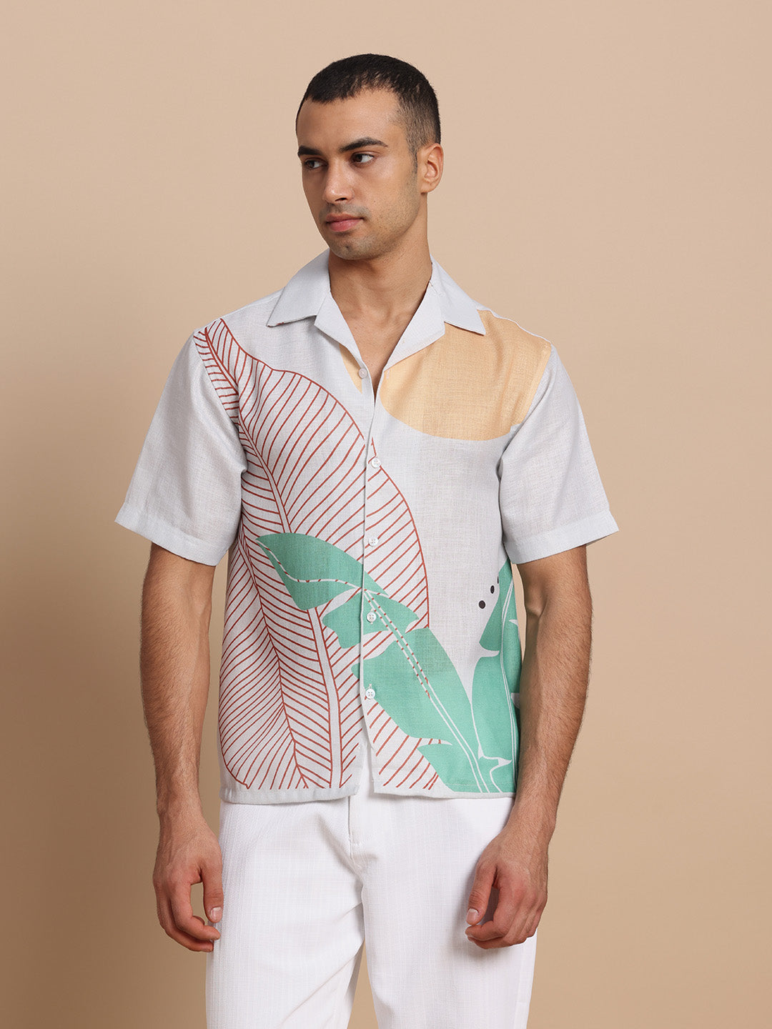Men’s Cuban Collar Yellow and Green Print Shirt