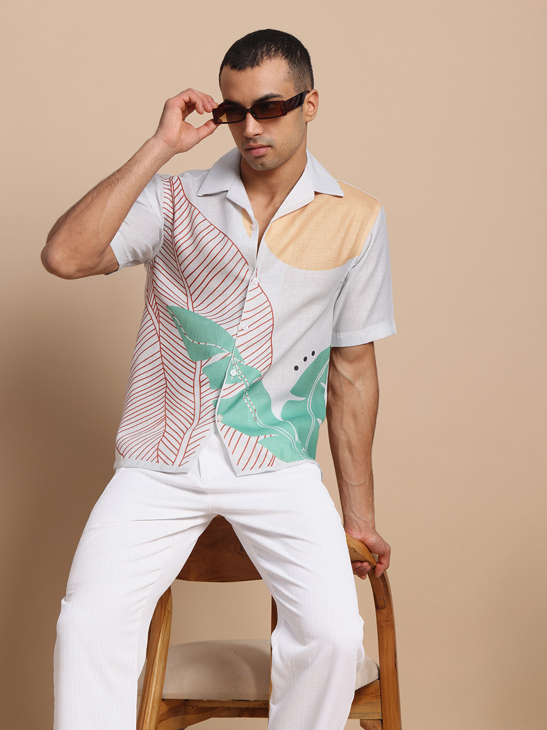 Men’s Cuban Collar Yellow and Green Print Shirt