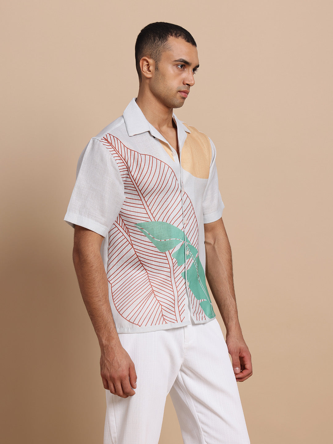Men’s Cuban Collar Yellow and Green Print Shirt