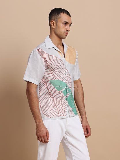 Men’s Cuban Collar Yellow and Green Print Shirt