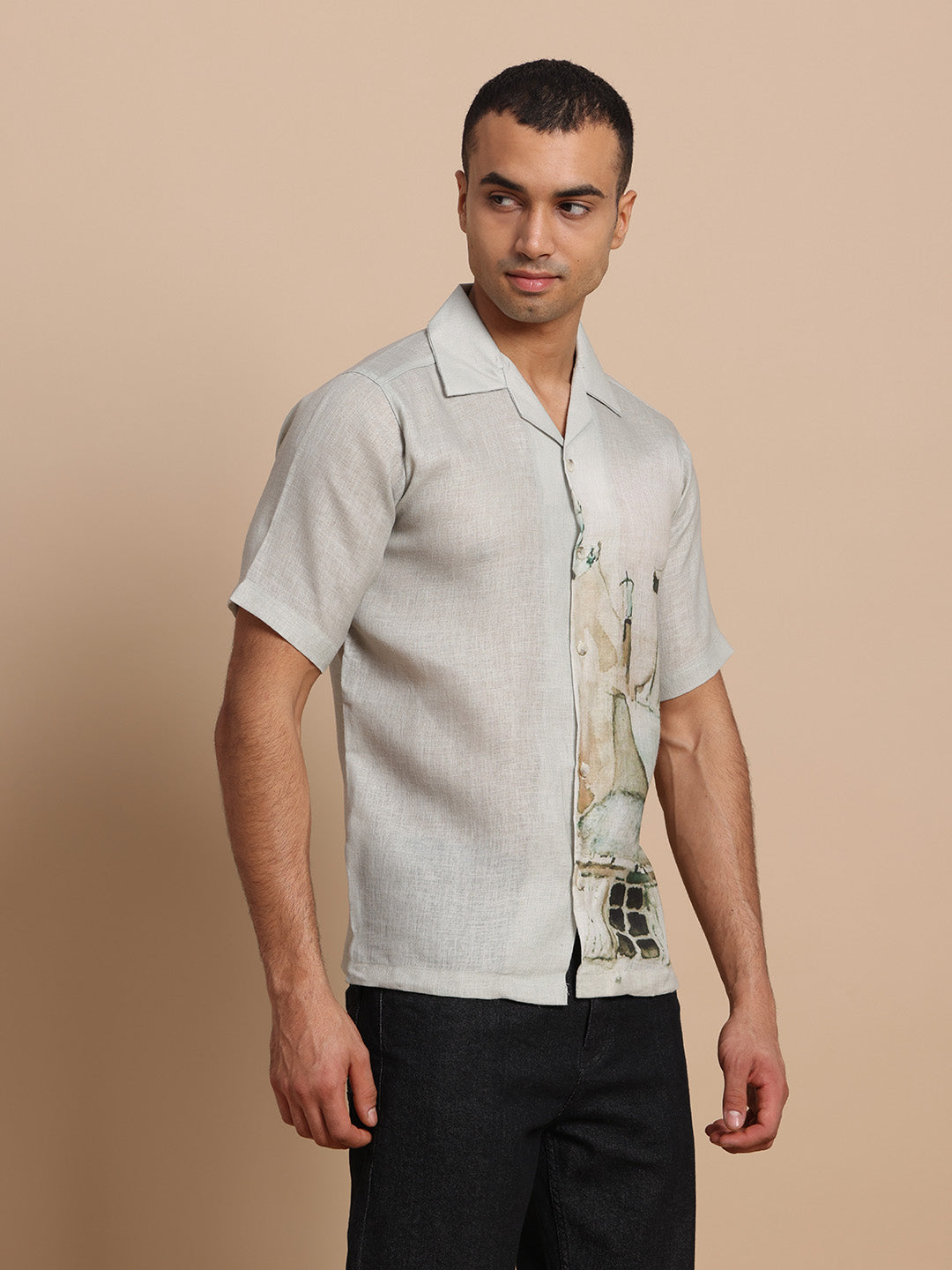 Men’s Cuban Collar Black Grey Print Shirt