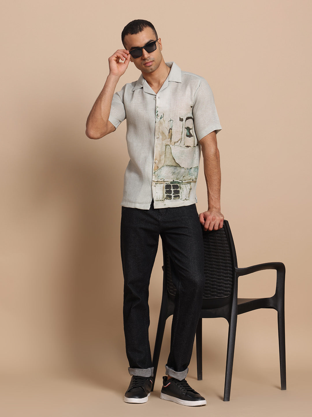 Men’s Cuban Collar Black Grey Print Shirt
